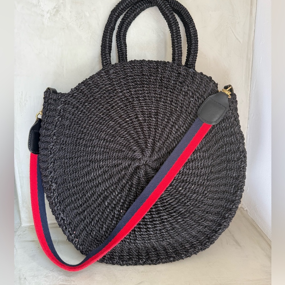 Clare V. Raffia Alice Circle Bag with Red and Blue Strap